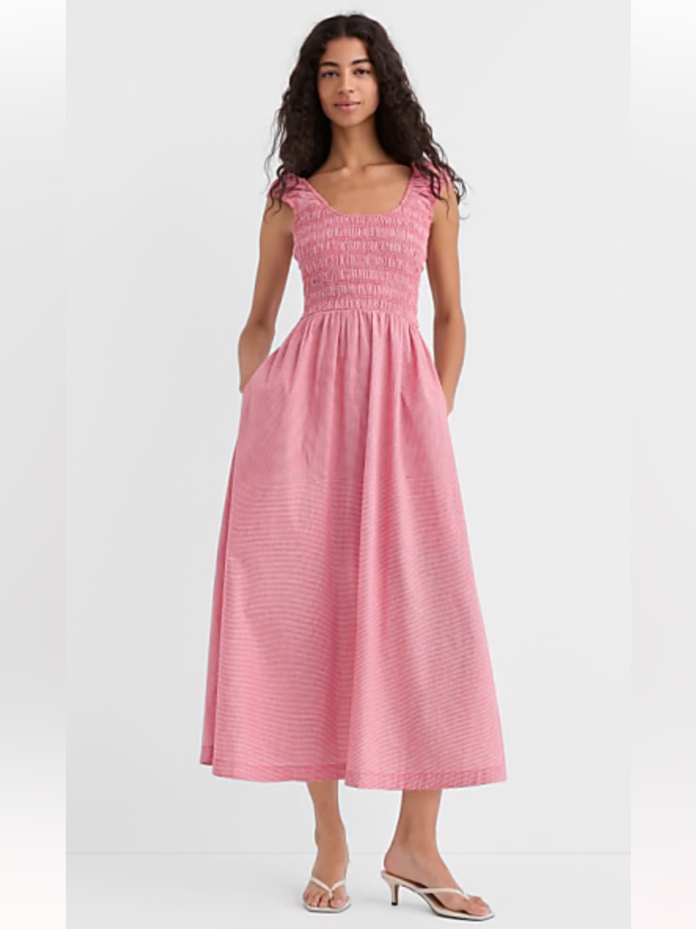 NWT LOFT Petite Gingham Smocked Cap Sleeve Midi Pocket Dress